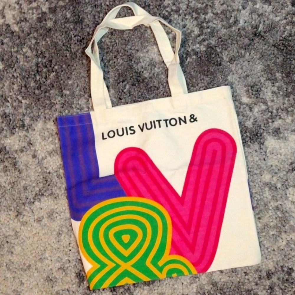 Louis Vuitton White Tote with Pink, Blue, and Green Accents